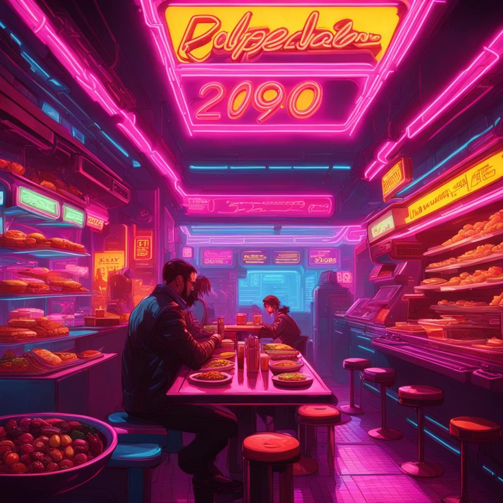 Cyberpunk Food Scene in Neon Style