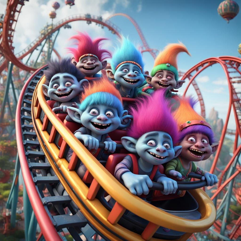 Little crazy funny trolls gang riding roller coaster