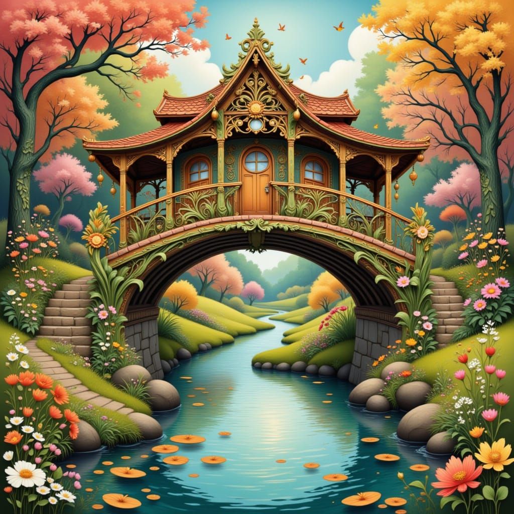 Folk Art Nouveau Bridge to Enchanted Meadow