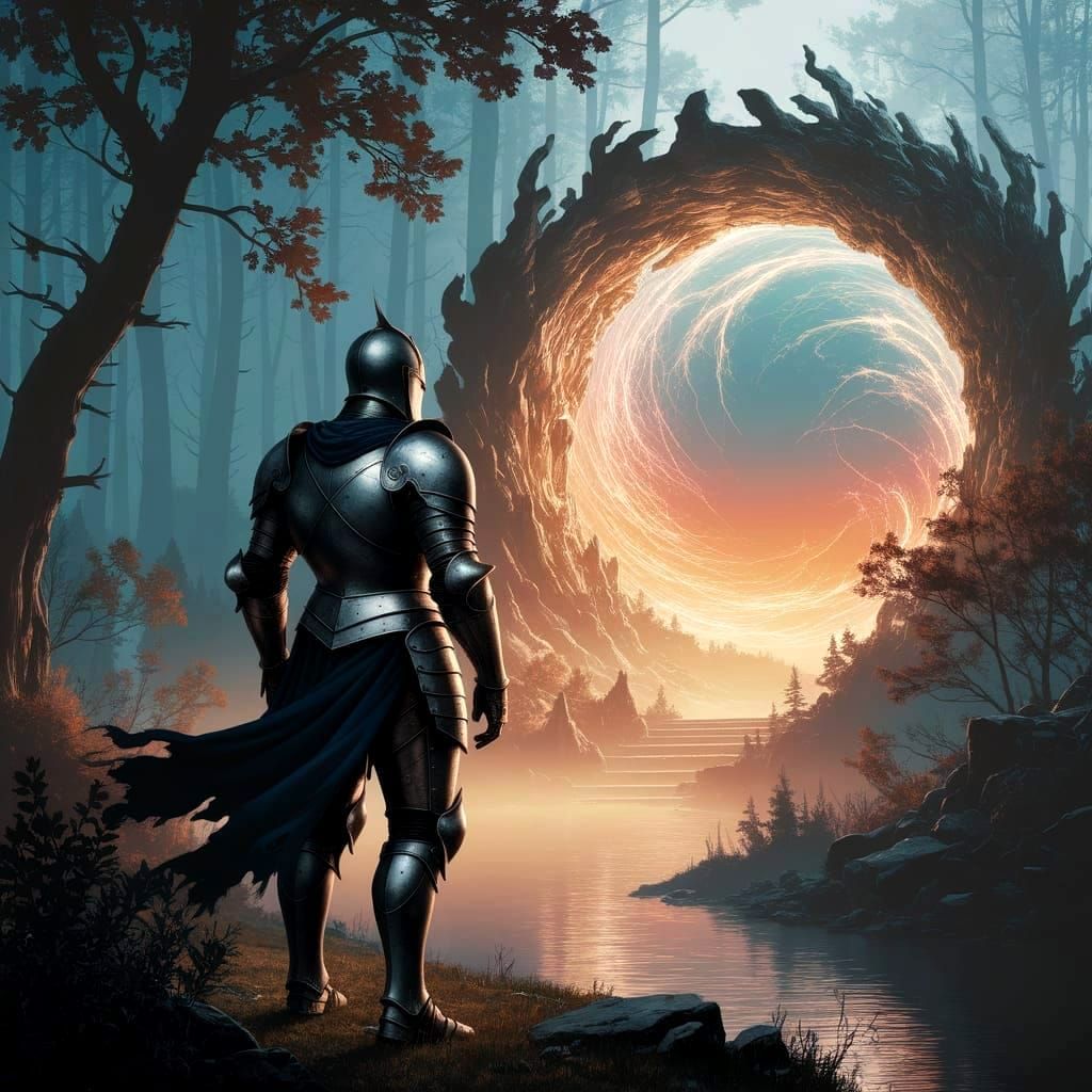 Knight Gazing at Ethereal Portal in Misty Forest