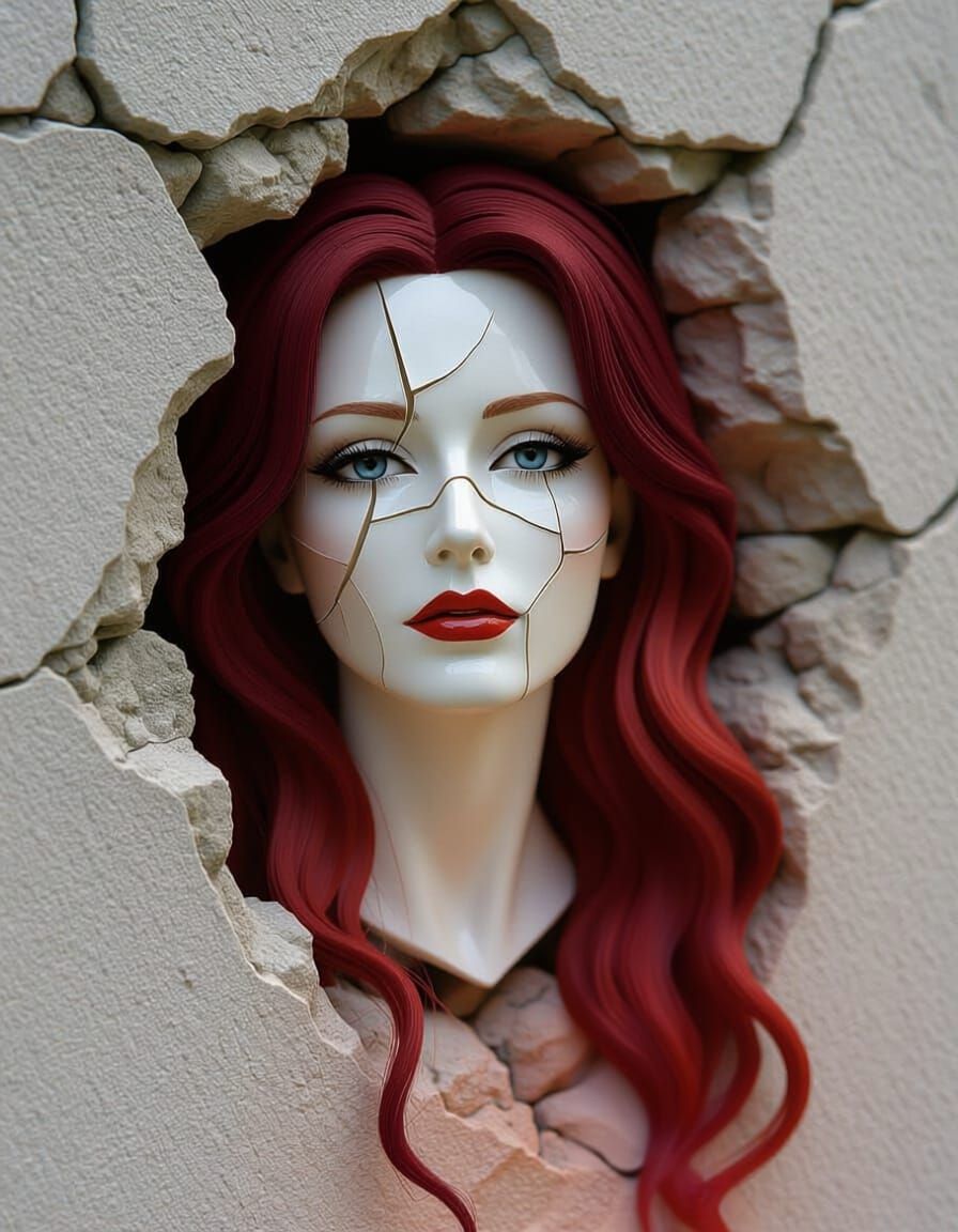 Cracked Porcelain Woman With Fiery Hair and Stone Wall