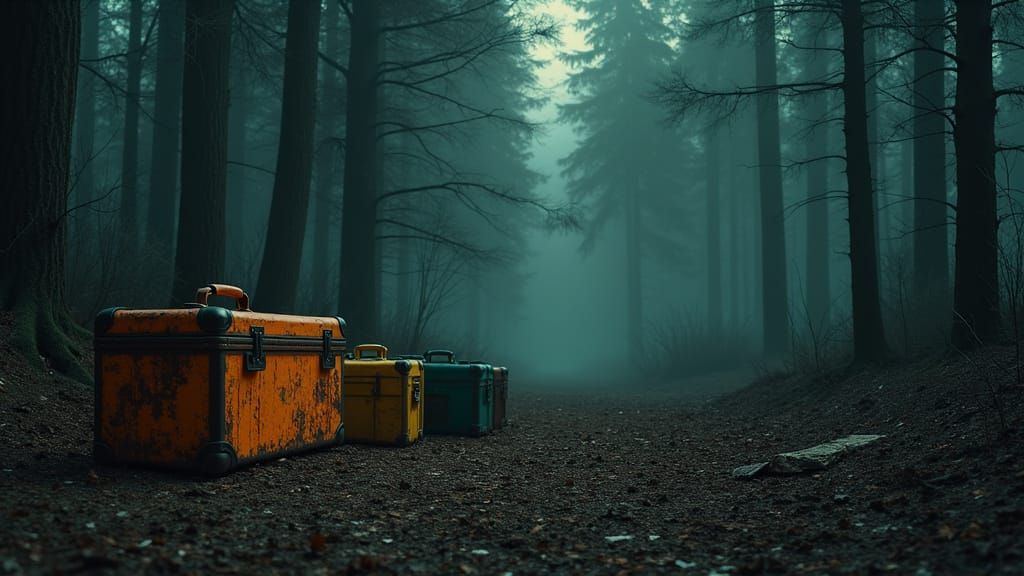 Mysterious, Film Noir-Inspired Forest Scene with Abandoned C...