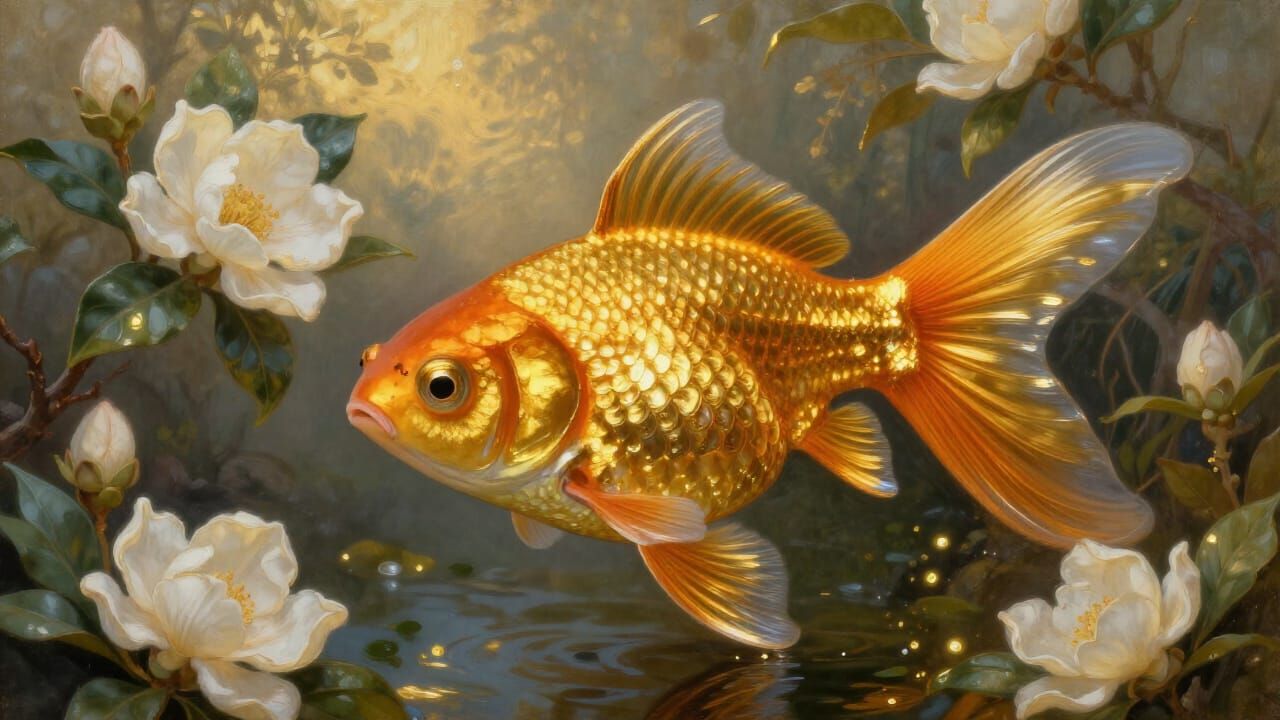 Golden Gardenia Fish in Enchanted Pond Impasto Painting