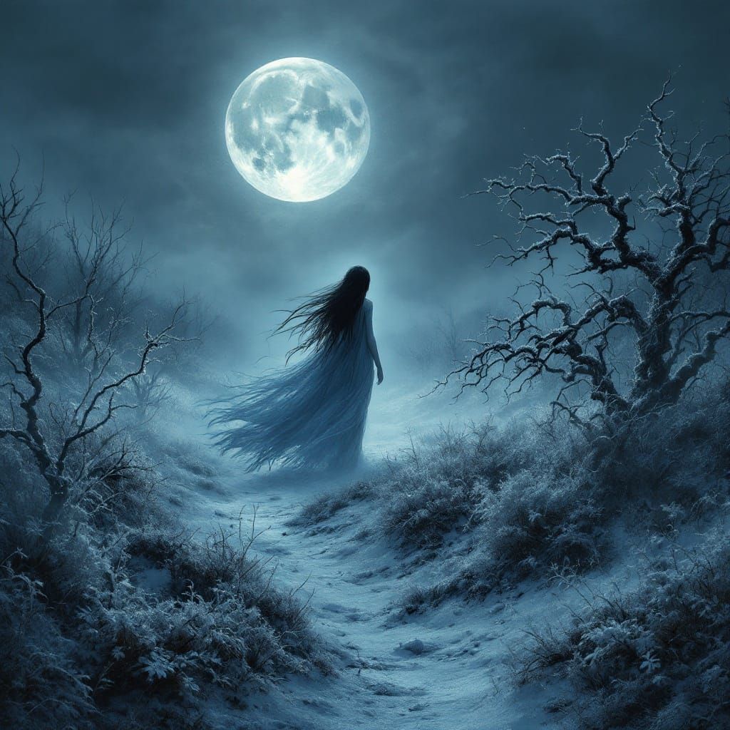 Ethereal Frost Spirit in Moonlit Landscape