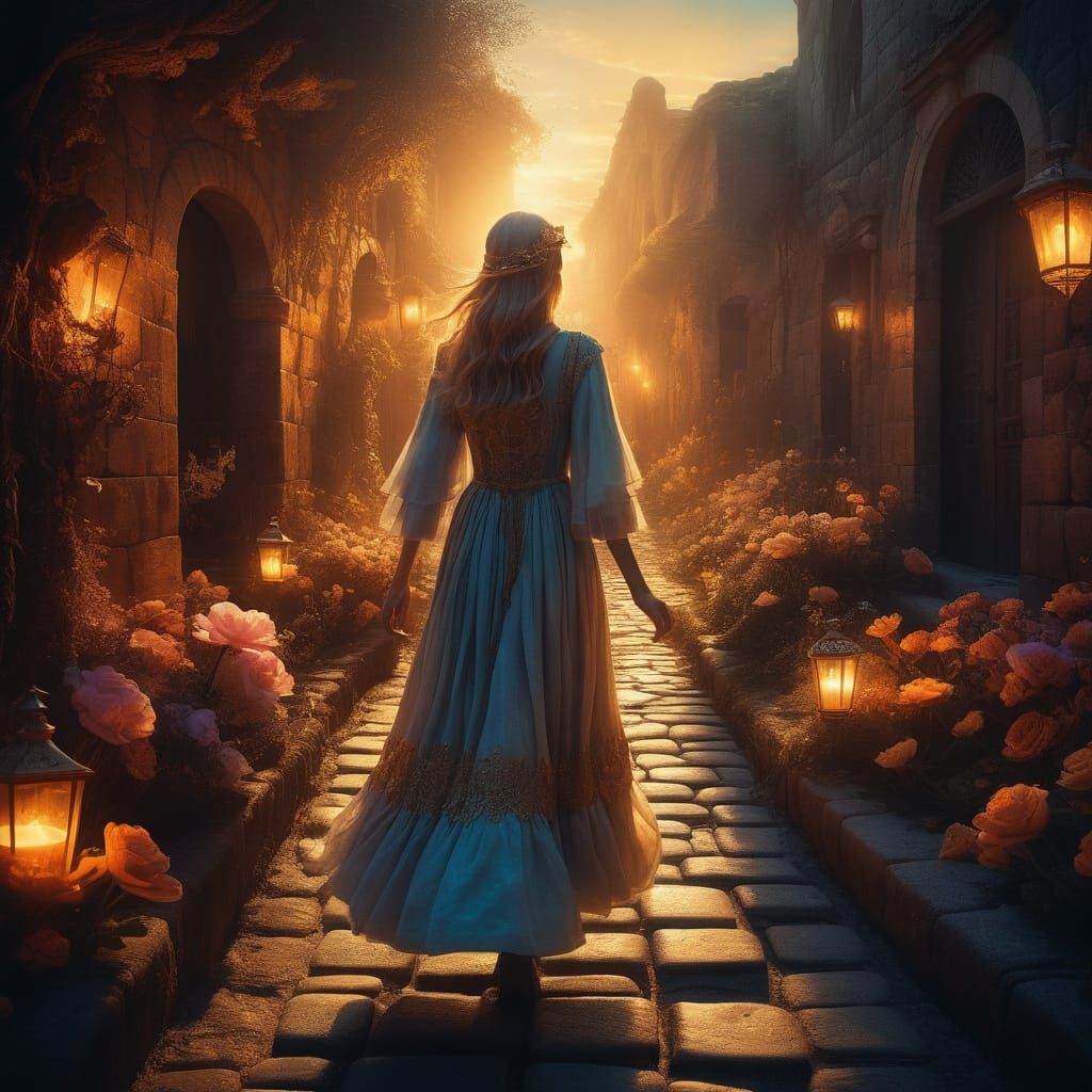 Surreal Fantasy Girl with Glowing Clocks on Cobblestone Path