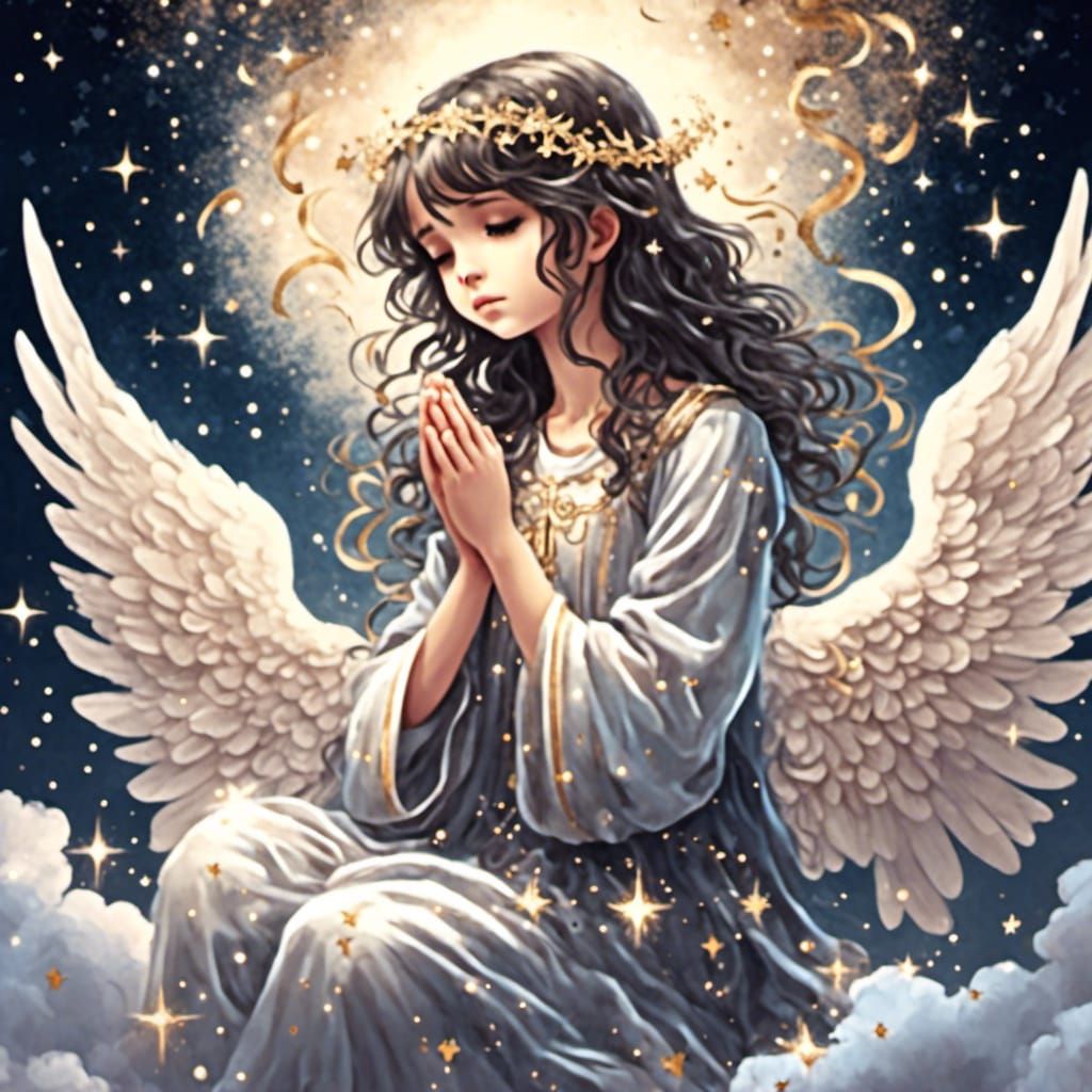 Anime Sad Angel Praying in Starry Glitter Clouds