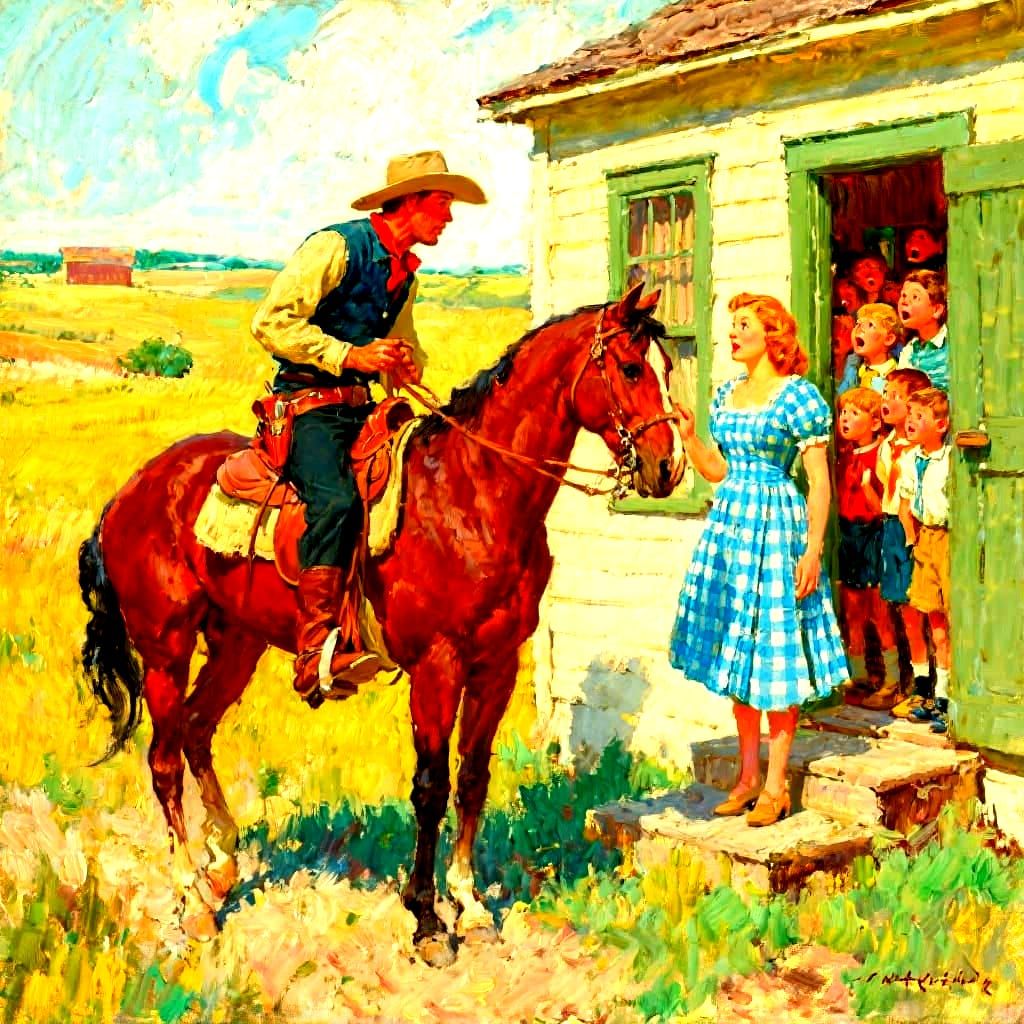 Impressionistic Western Scene with Cowboy and Schoolhouse