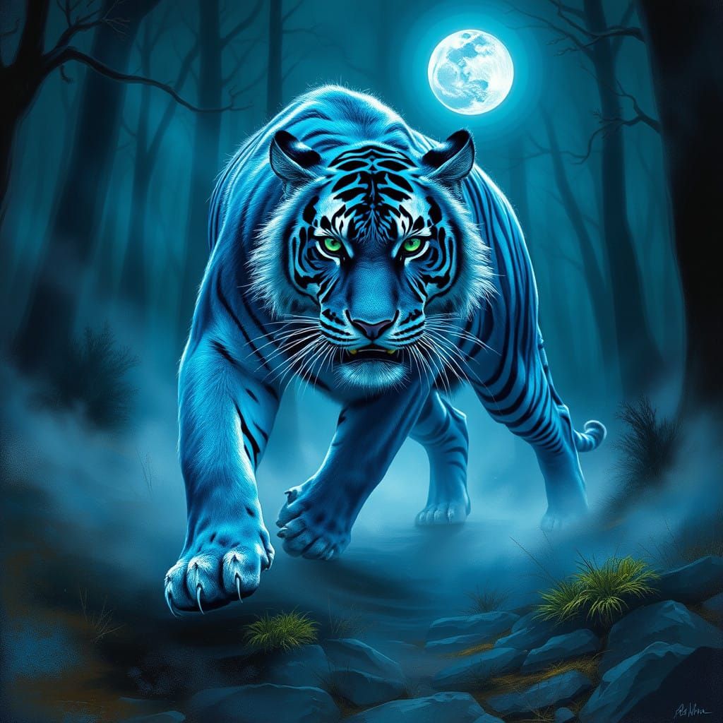 Electric Blue Tiger Exudes Ferocity in Moonlit Forest