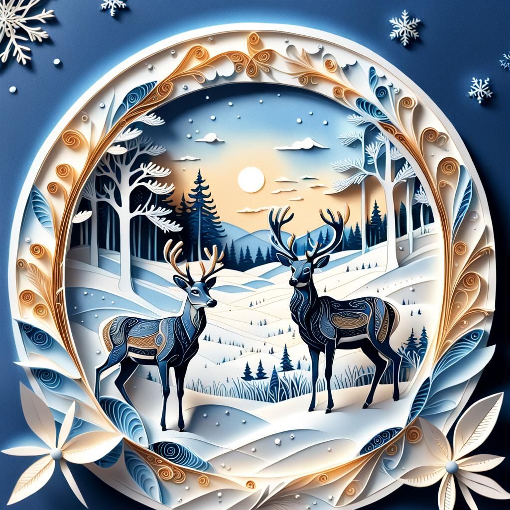 Serene Winter Deers in Snow-Covered Field