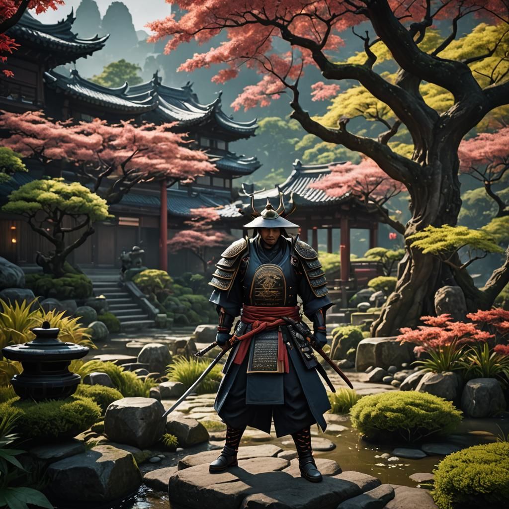 Samurai in Zen Garden: Detailed Matte Painting