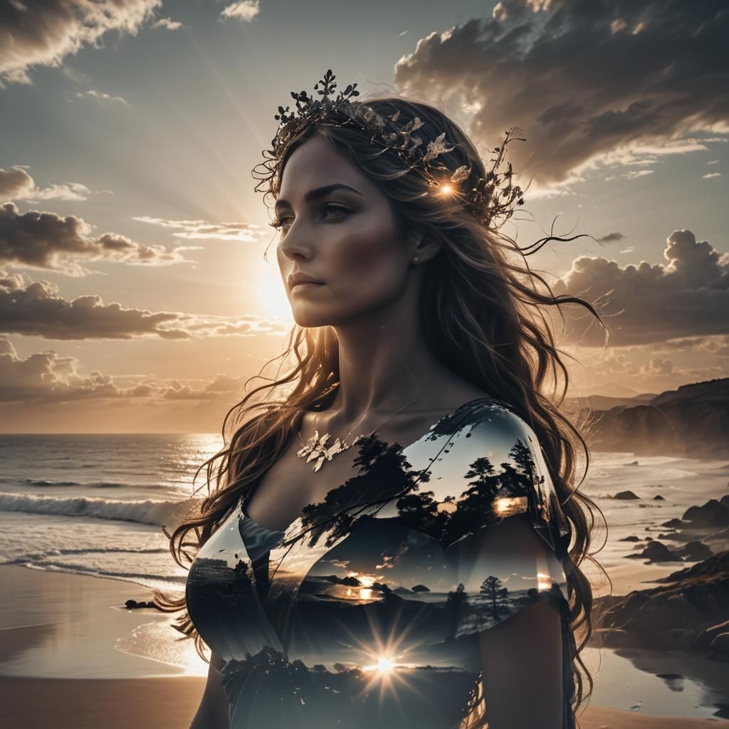 Goddess Silhouette Double Exposure with Sunset Coast