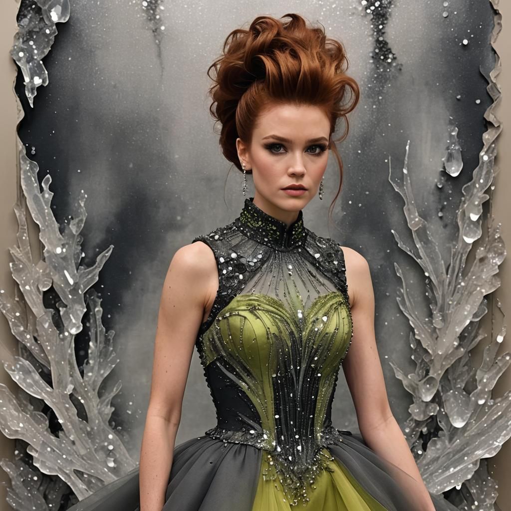 Woman in Crystal Dress in Ballroom, Hyperrealistic
