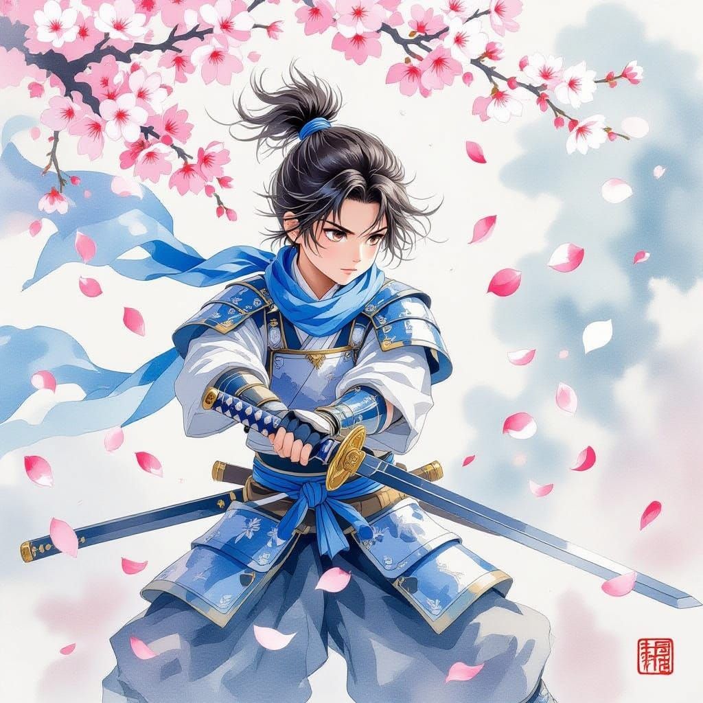 Japanese Warrior Boy in Battle Pose with Cherry Blossoms
