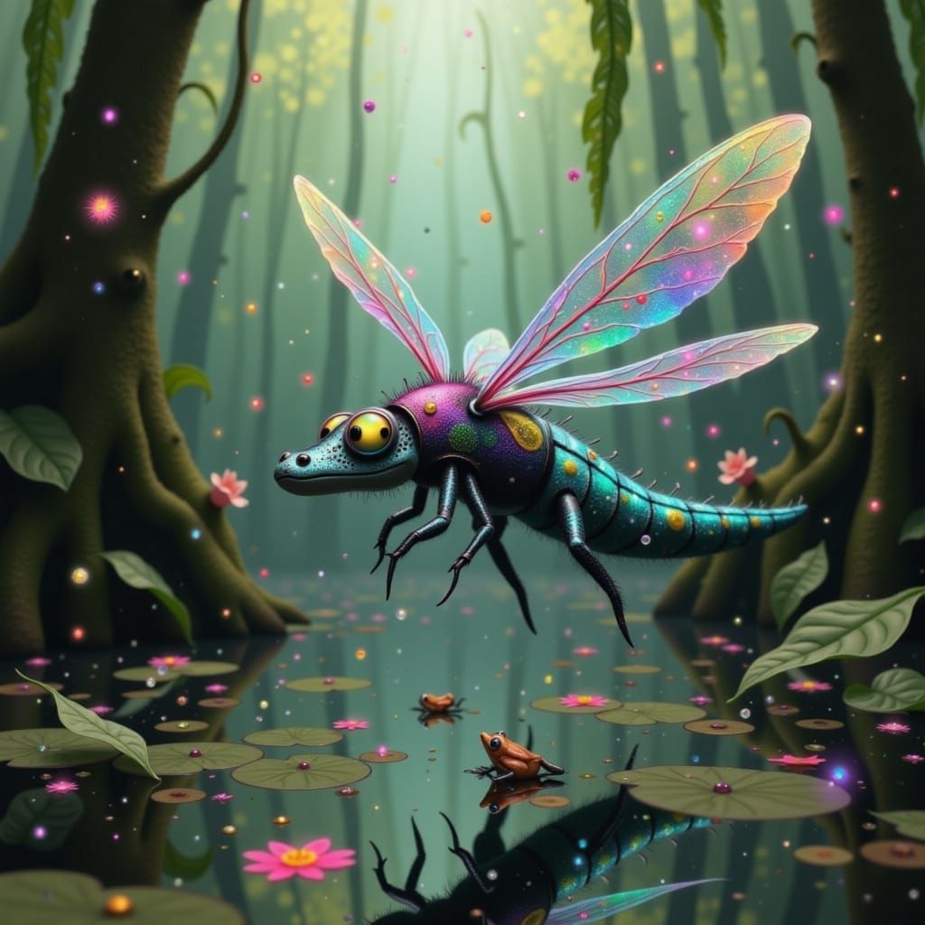 Iridescent Alligator-Dragonfly Hybrid Hunting Frogs
