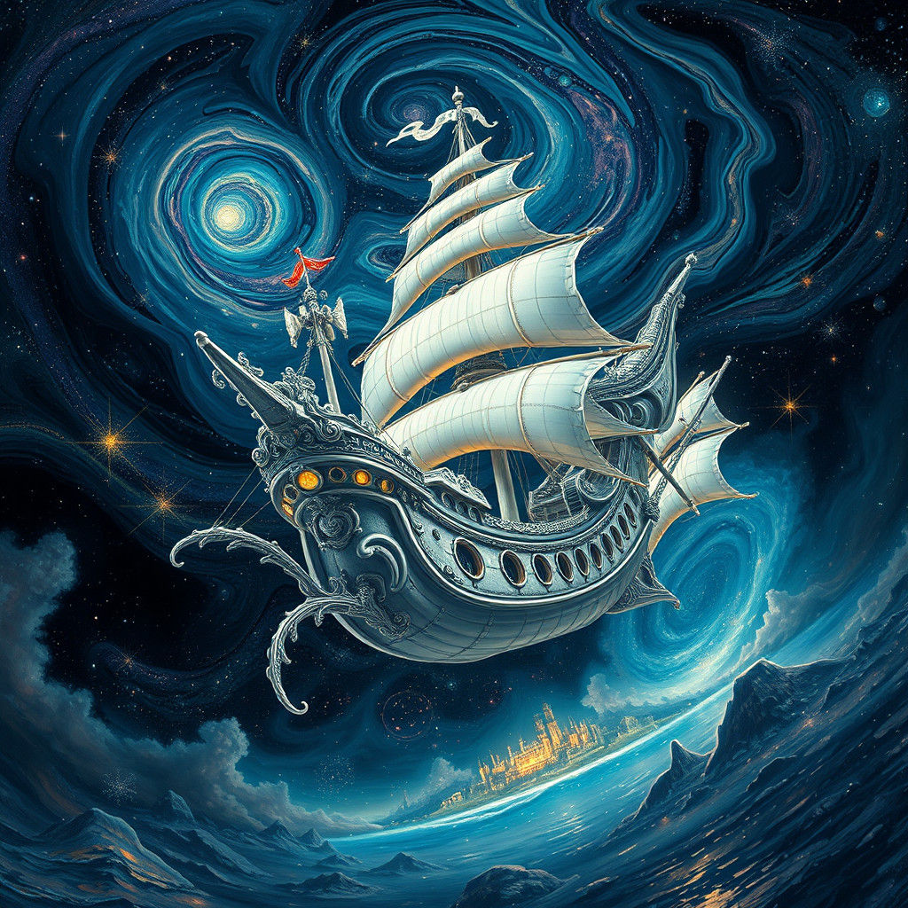 Rococo Gothic Alien Pirate Ship in Cosmic Galaxy