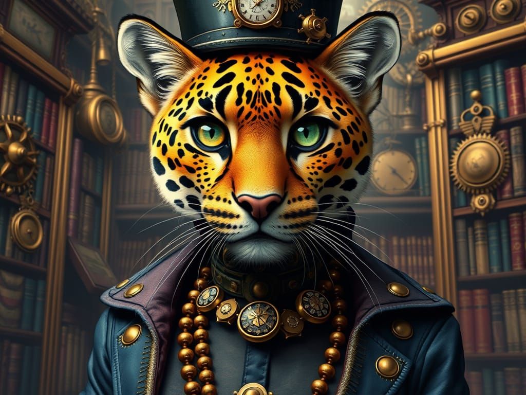 Steampunk Amur Leopard in Elegant Fashion within a Victorian...