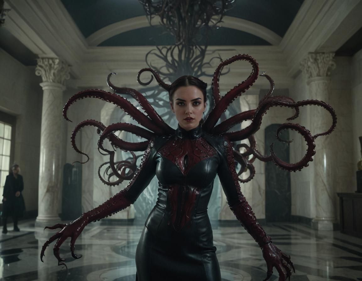 Alien Woman with Octopus Tentacles in Film Noir Style