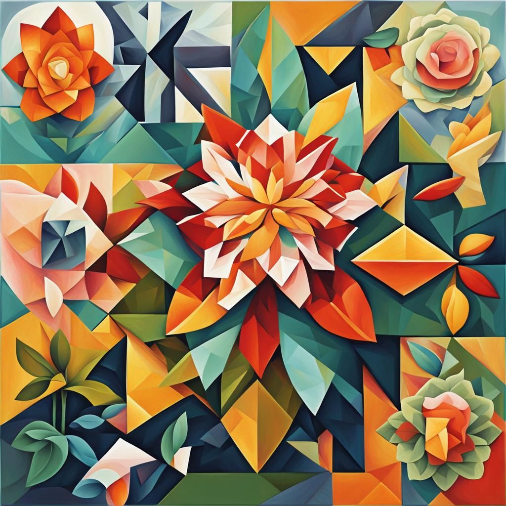 Geometric Floral Quilt in Cubist Art Deco Style