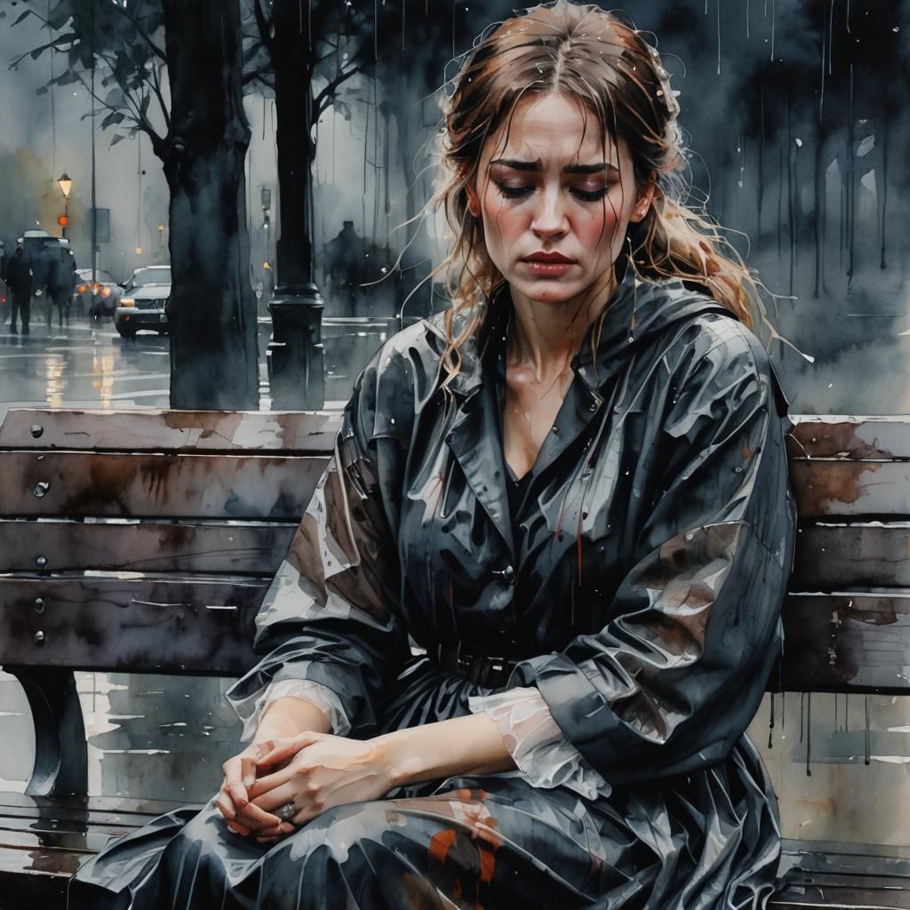 Woman Crying in Rain: Watercolor Art