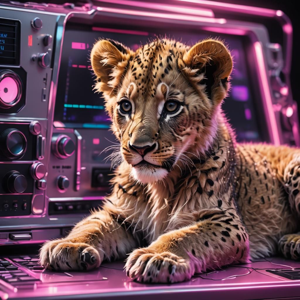 Lion Cub on Digital Radio in Futuristic Style