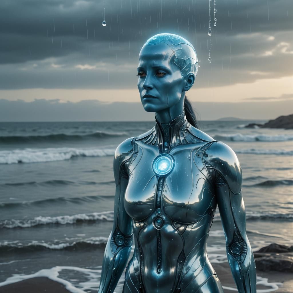 Hyperrealistic Female Dr. Manhattan near Tranquil Ocean