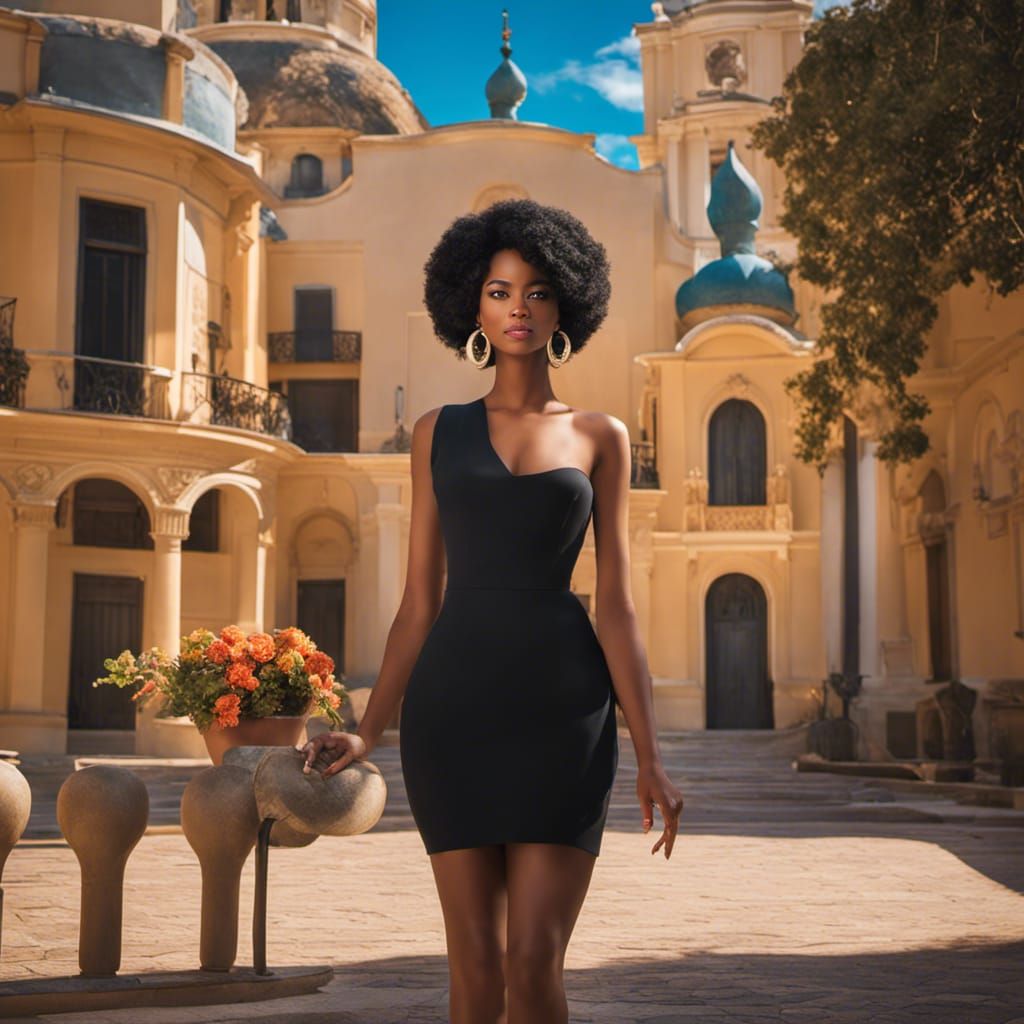 Radiant Latina Woman in Chic Black Dress