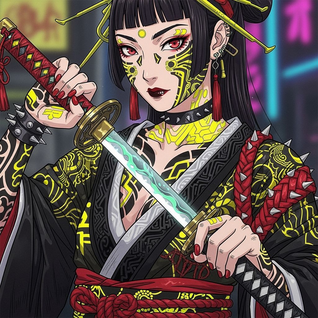 Gothic Punk Japanese Woman with Katana in Anime Style