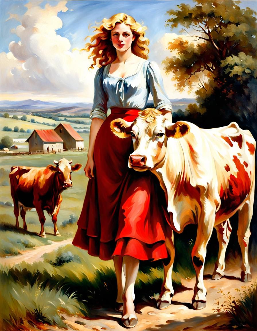 Girl with Cow: Oil Painting in Classical Style