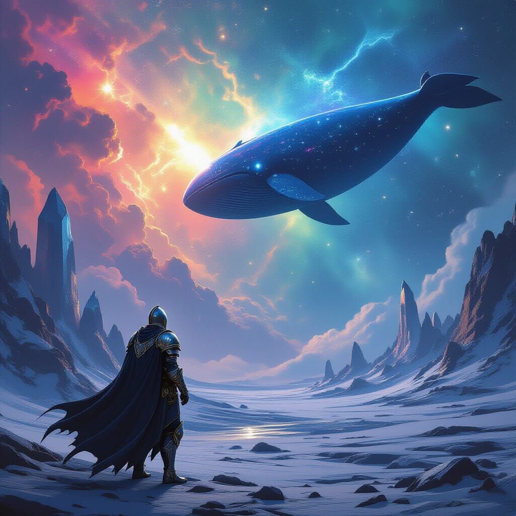 Knight Gazes at Bioluminescent Space Whale on Alien Planet