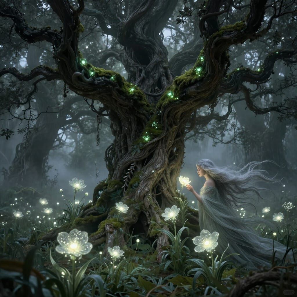 Bioluminescent Tree in Misty Dreamlike Forest Clearing