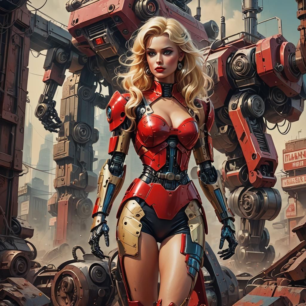 Robot Pin-Up Art in Red, Detailed Matte Painting