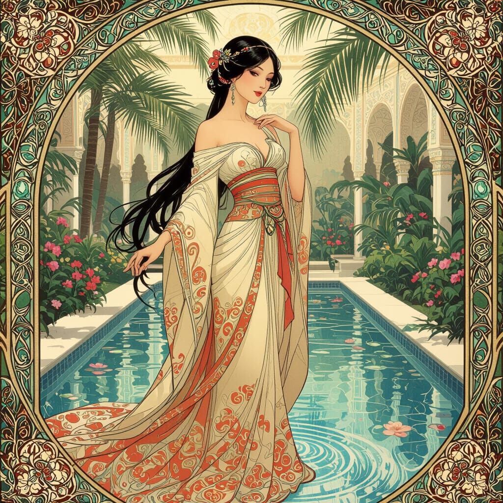 Elegant Woman in Palace Garden, Art Nouveau Illustration