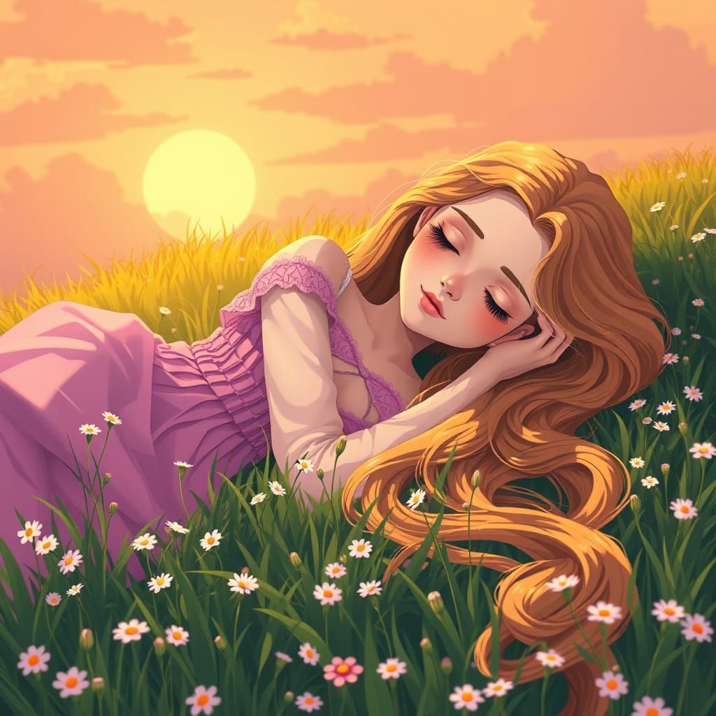 Rapunzel Sleeping in Meadow: Manga Scan Anime