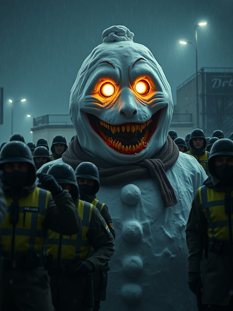 Gargantuan Snowman Menace in Dark Winter Landscape