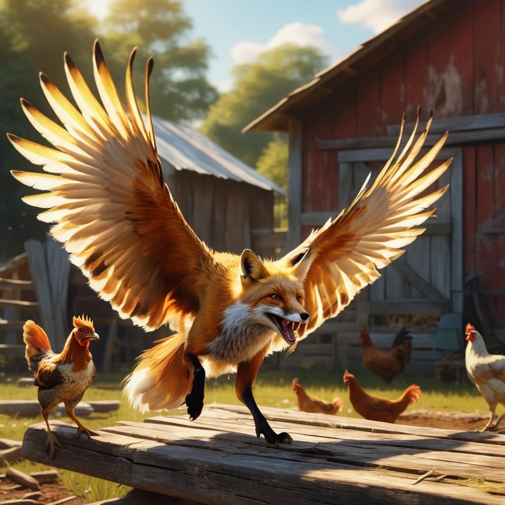 Vibrant Oil Painting of Fox Attacking Chicken