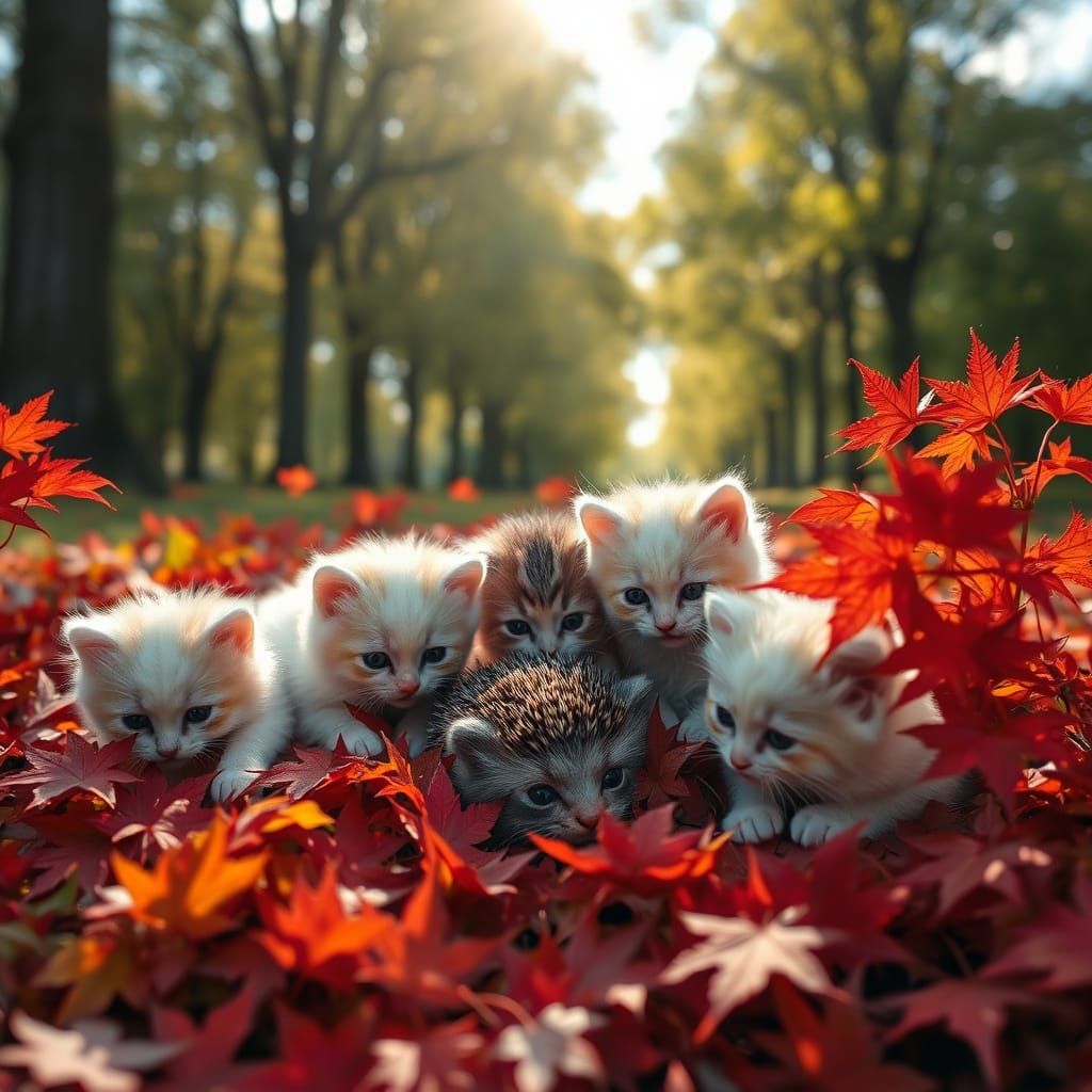 Six Fluffy Kittens Play With Hedgehog in Dappled Sunlight