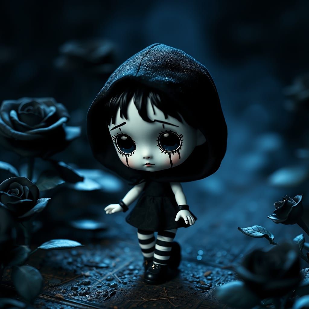 Chibi Mime Doll Walks Through a Gothic Rose Garden