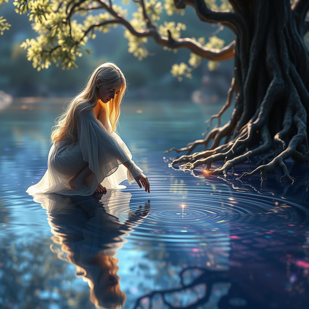 Girl in Flowing Gown Bends to Touch Serene Water's Edge