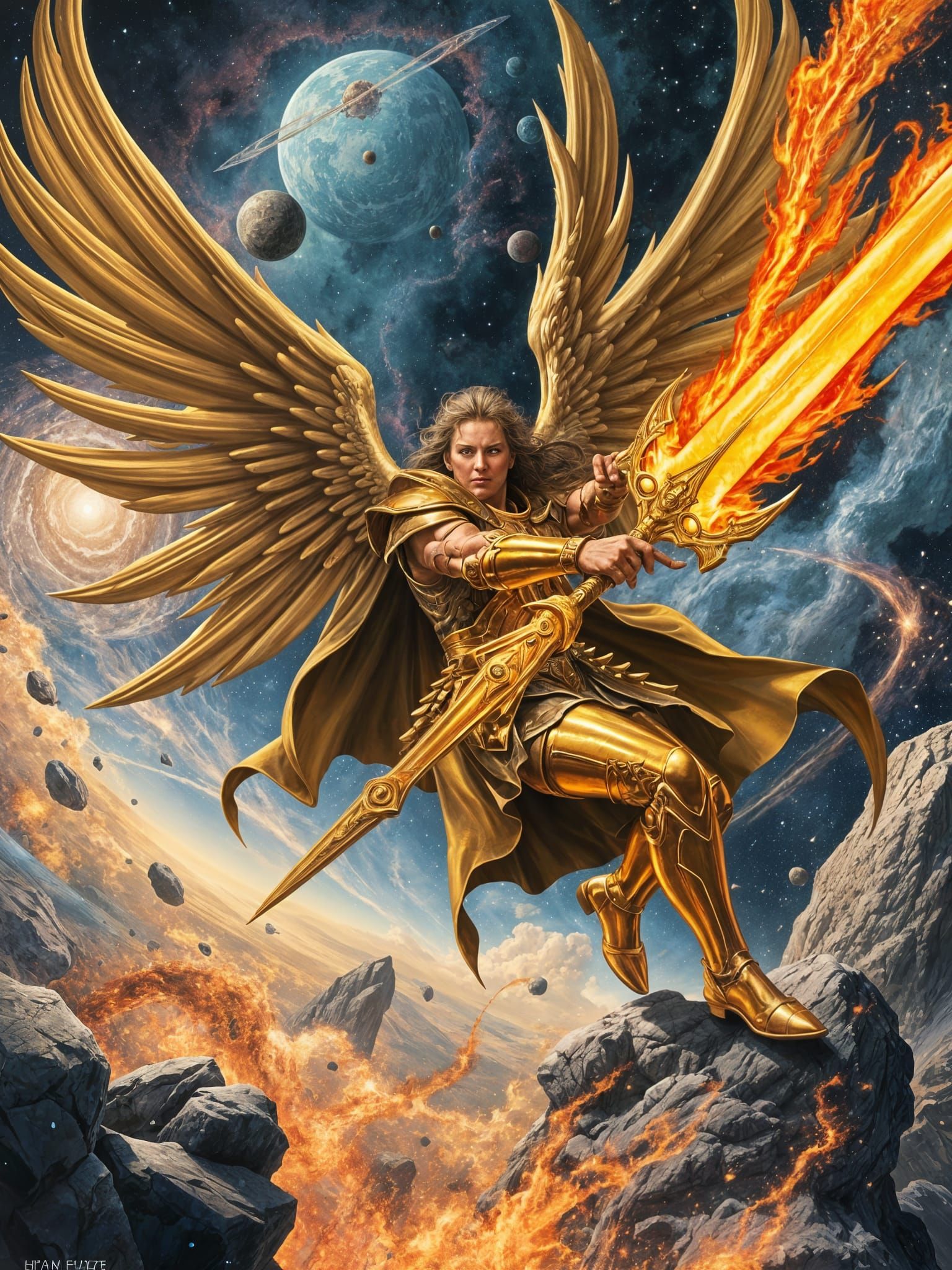 Celestial Warrior Wielding Flaming Sword in Space Opera Styl...