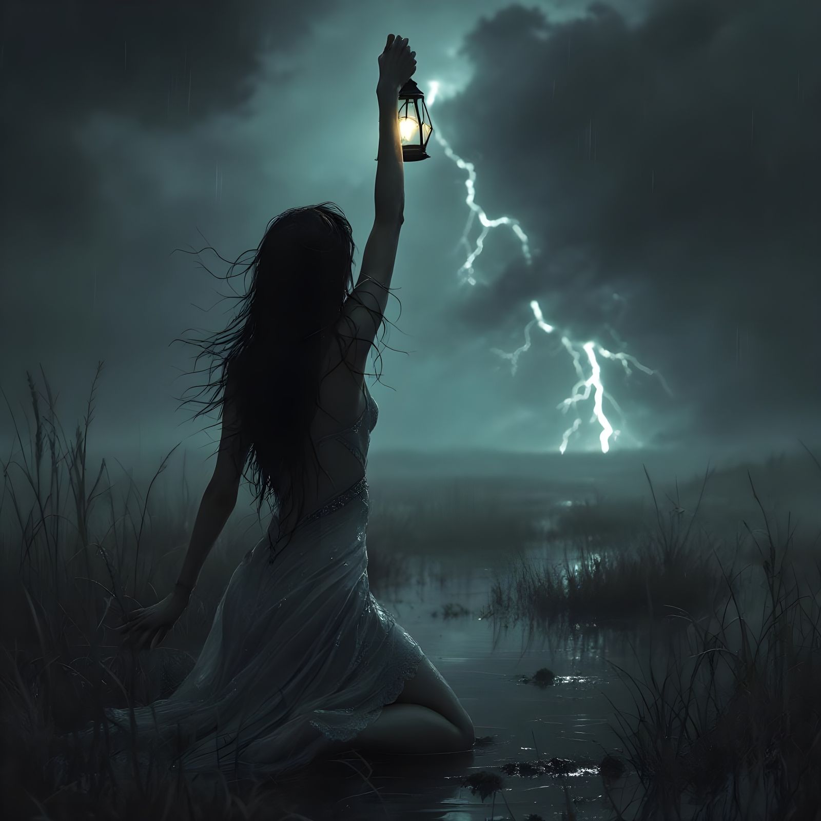 Norse Goddess with Lantern in Foggy Marsh