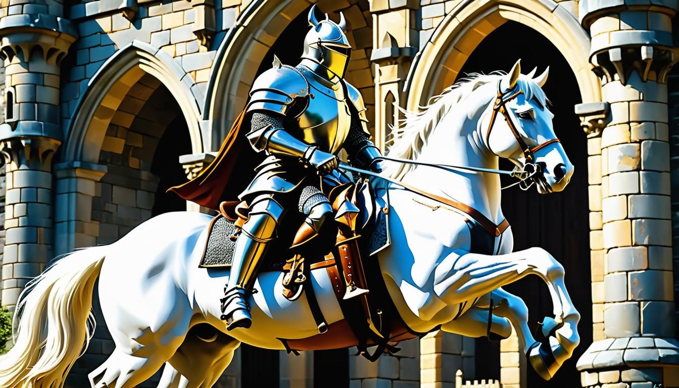 Knight on Stallion Before Gargoyle Castle, Hyperrealistic Ar...