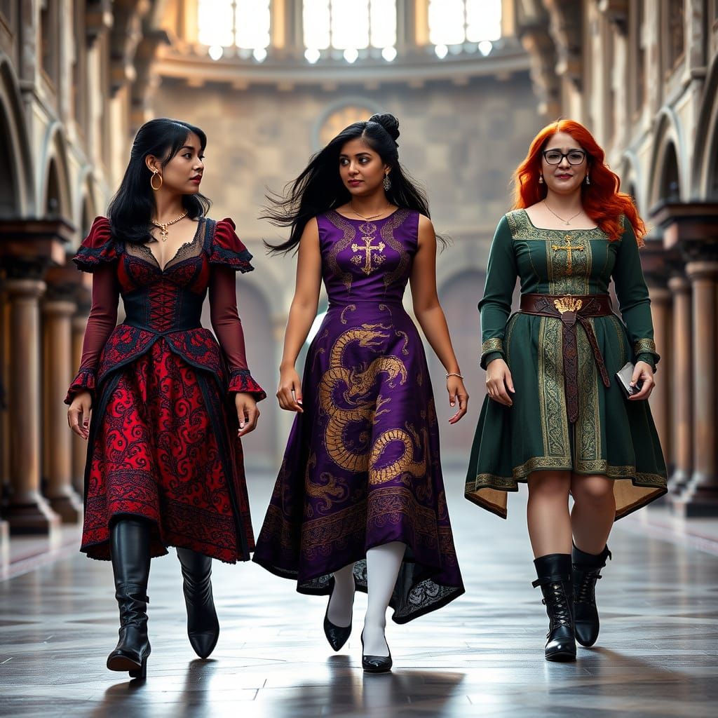 Korean Author and Friends in Victorian Dresses Inside Castle