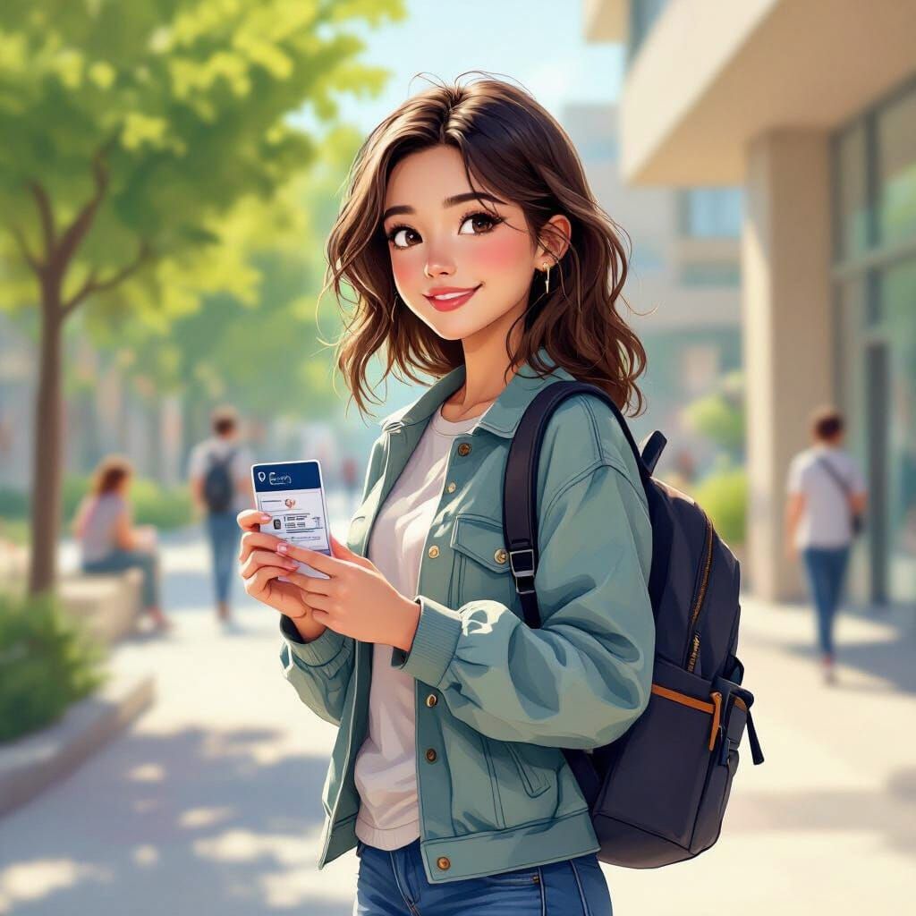 Student on Campus Holding ID Card in Photorealistic Style