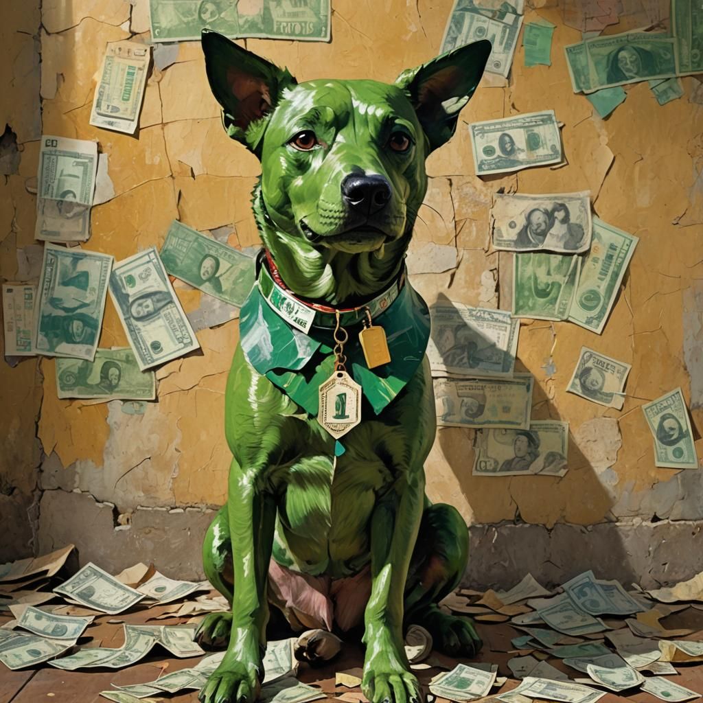 Green Dog with Money: Gauguin-Inspired Expressionism