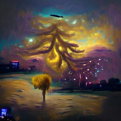 Giant Golden Tree Under Starry Sky as Oil Painting