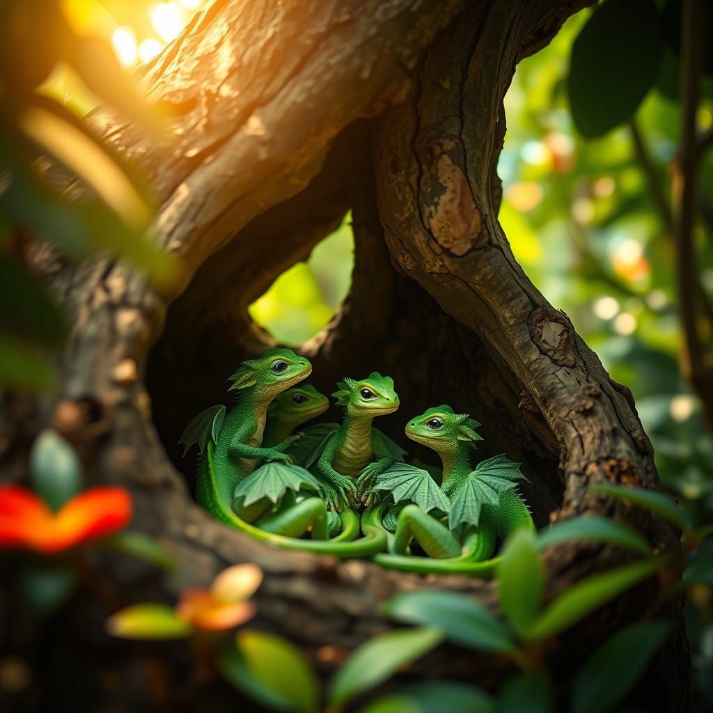 Green Baby Dragons Play in Jungle Tree Trunk Oasis
