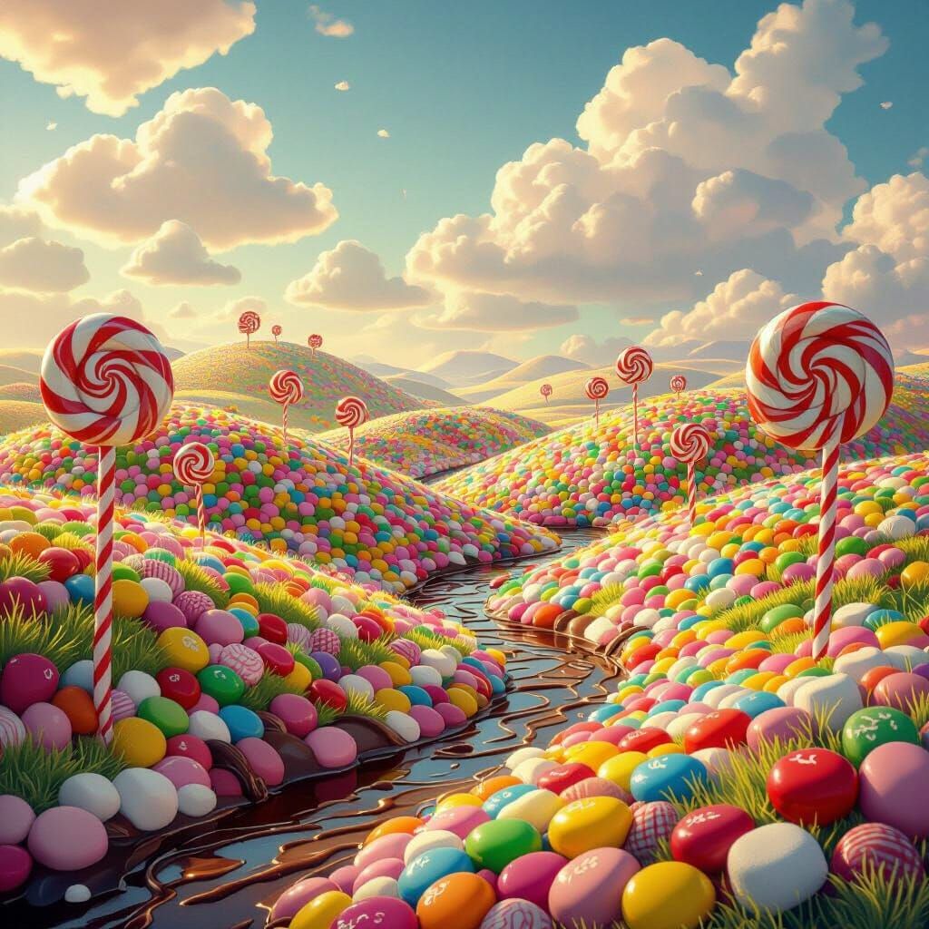 Candy Land Hills With Chocolate Rivers And Marshmallow Cloud...