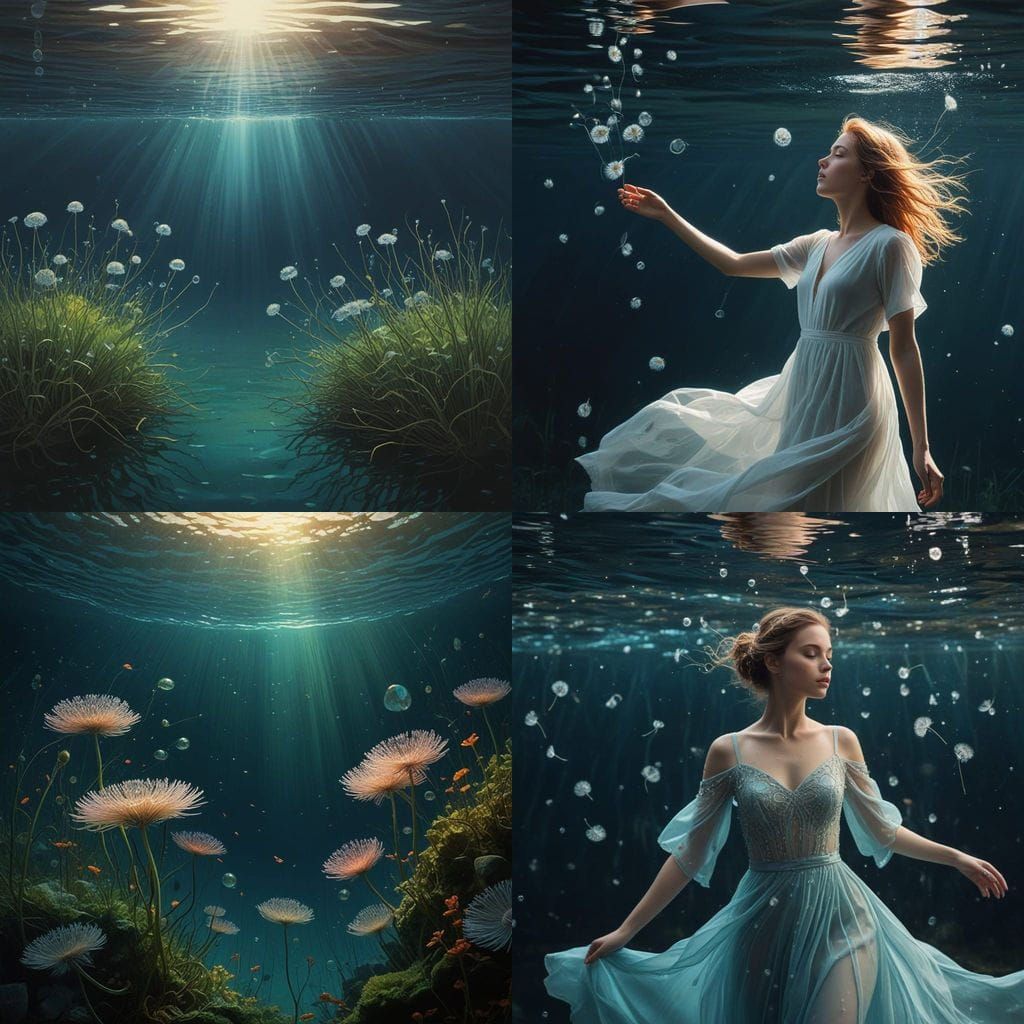 Dreamy Underwater Scene with Dandelion Seeds and Golden Ligh...