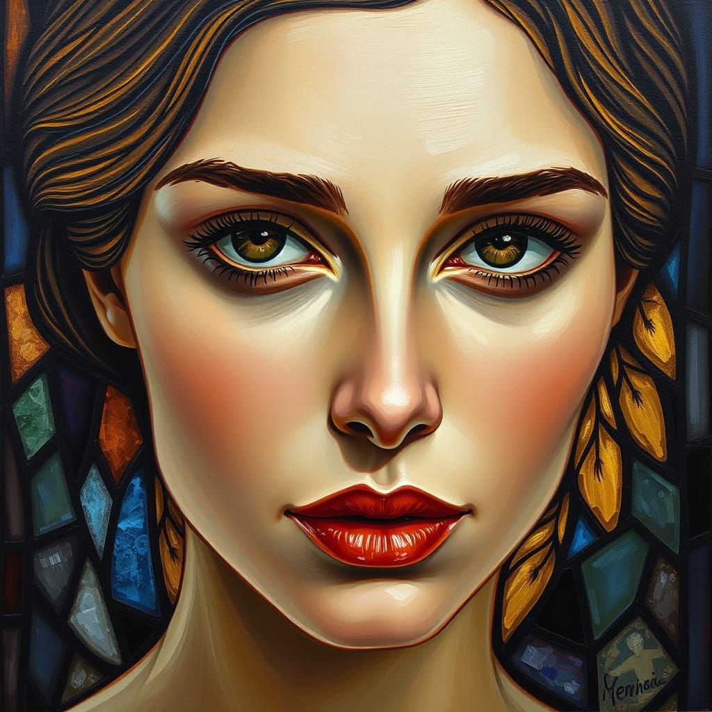 Kind Woman in Angelic Stained Glass, Neo-Impressionist Style