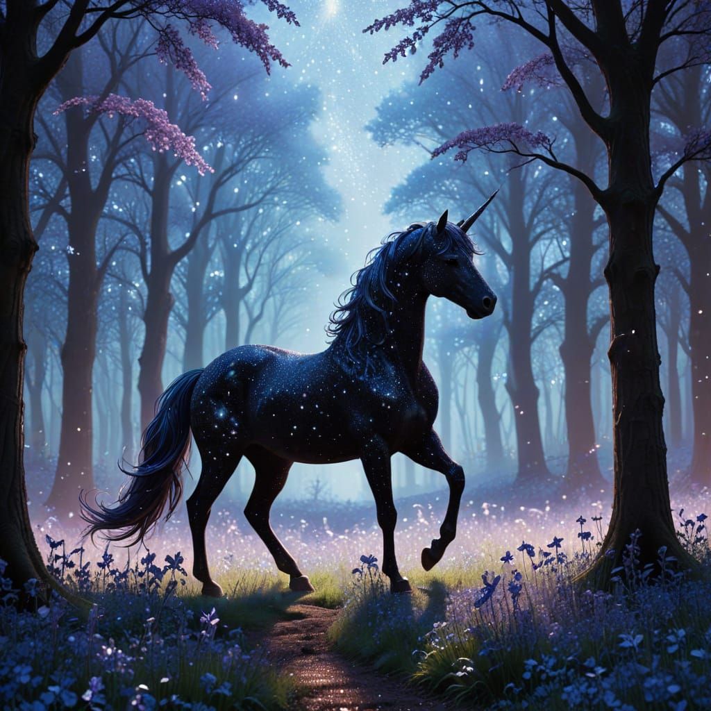 Glittering Unicorn Dreamscape with Bluebell Silhouettes